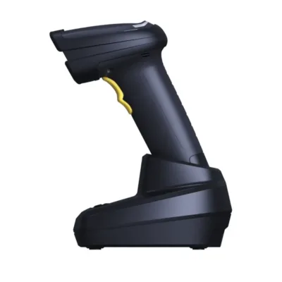 Productafbeelding vanaf de zijjkant van de draadloze Seuic HS220C scanner in het basisstation